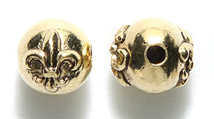 PW2363-AG: Bead Round w/Fleur De Lis Ant Gold 9mm - 1PC