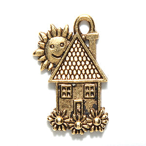 PW6456-AG: Charm House W/Smiling Sun 12x22mm Ant Gold 1PC