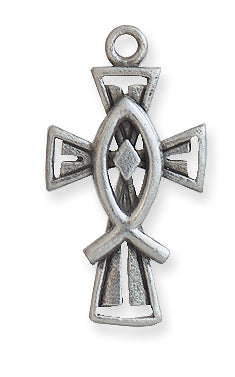 PW9140-S: Pendant Cross w/Fish Ant Pewter 14x26mm 1PC