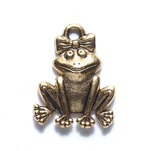 PW6276-AG: Pewter Charm Cute Frog In Bow 18mm Ant Gold-1PC