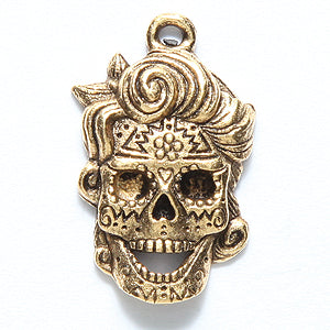 PW2265-AG: Pewter Sugar Skull W/Hair 14x23mm Ant Gold-1PC