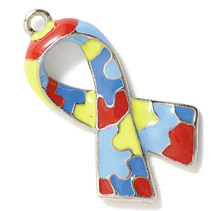 PW3225-ES: Charm Ribbon Autism Awareness 28mm Ant Pewter 1PC