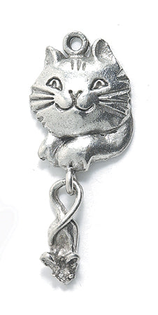 PW473-S: Charm Cat W/Mouse Silver 13x32mm-1PC