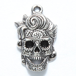 PW2265-S: Pewter Sugar Skull W/Hair 14x23mm Silver-1PC