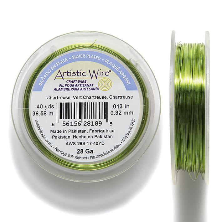 28CW881: Artistic Wire 28 Gauge Silver Plating Chartreuse 40 Yards