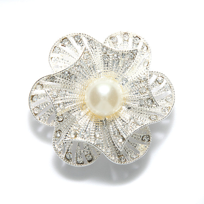 ME4157-BS: Metal Broach Flower Pearl Crystal R/S 6lp Silver 45m-1PC