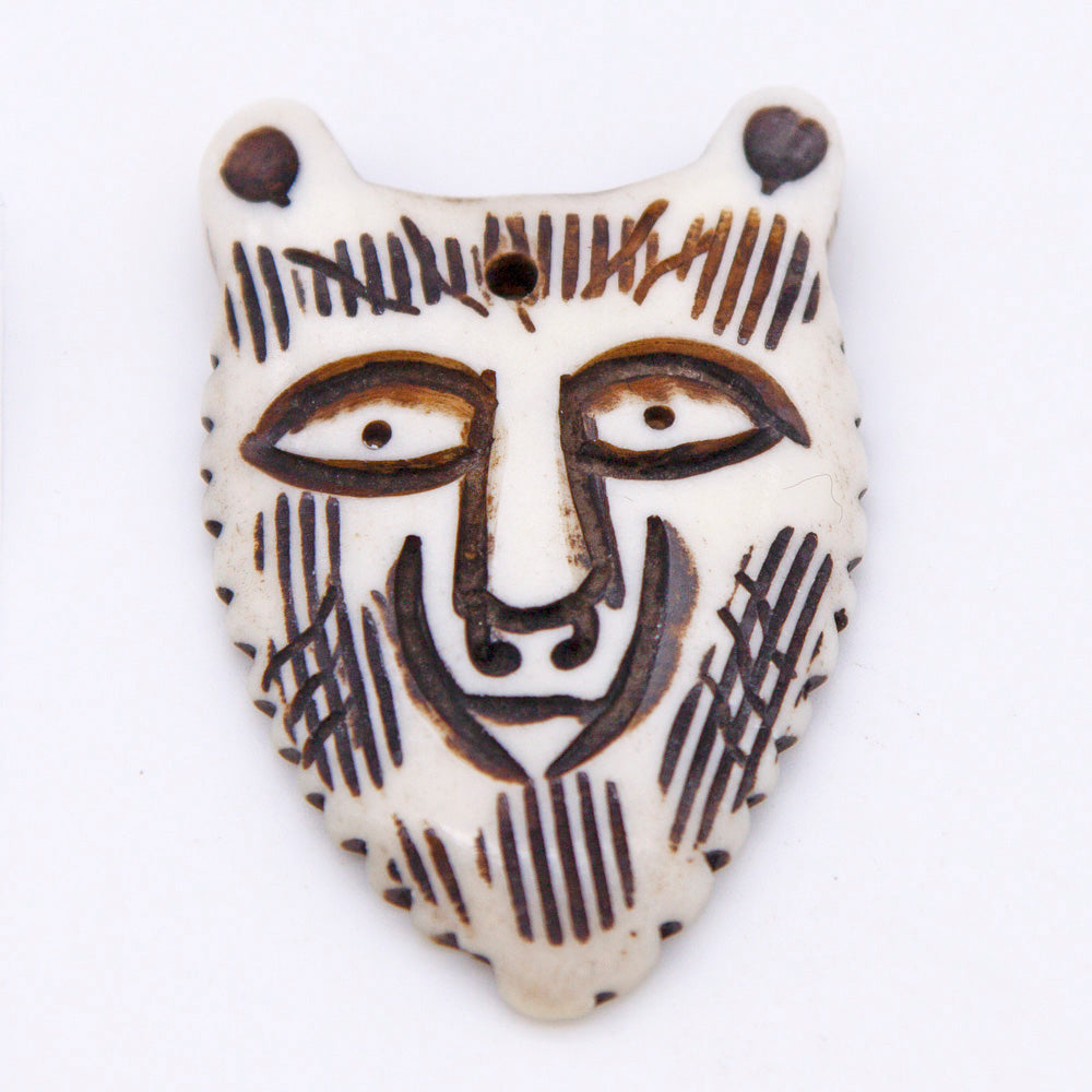 BN385-74: Bone Bear Face Pendant White/Black 30x46mm - 5 Pieces