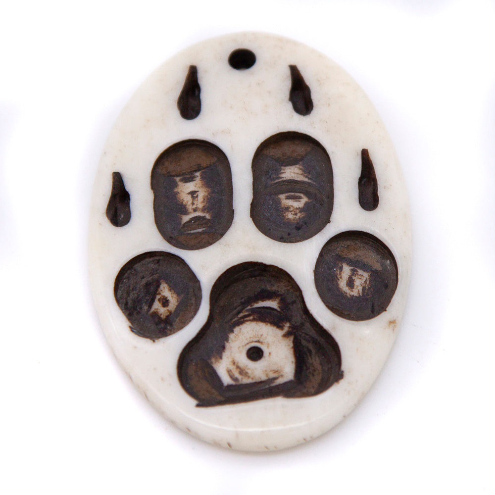 BN385-69: Bone Wolf Paw Print Pendant White/Black 28x43mm - 5 Pieces