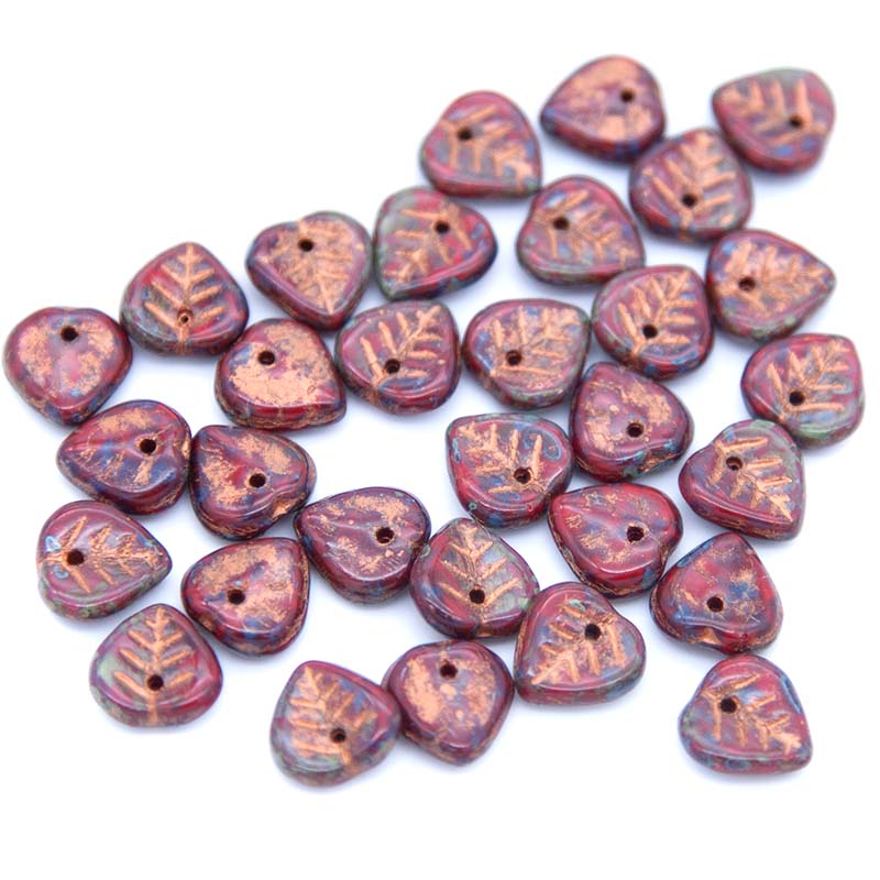 93LF144-53: Czech Leaf Flat Red Stone W/Copper 9mm 200 Pieces