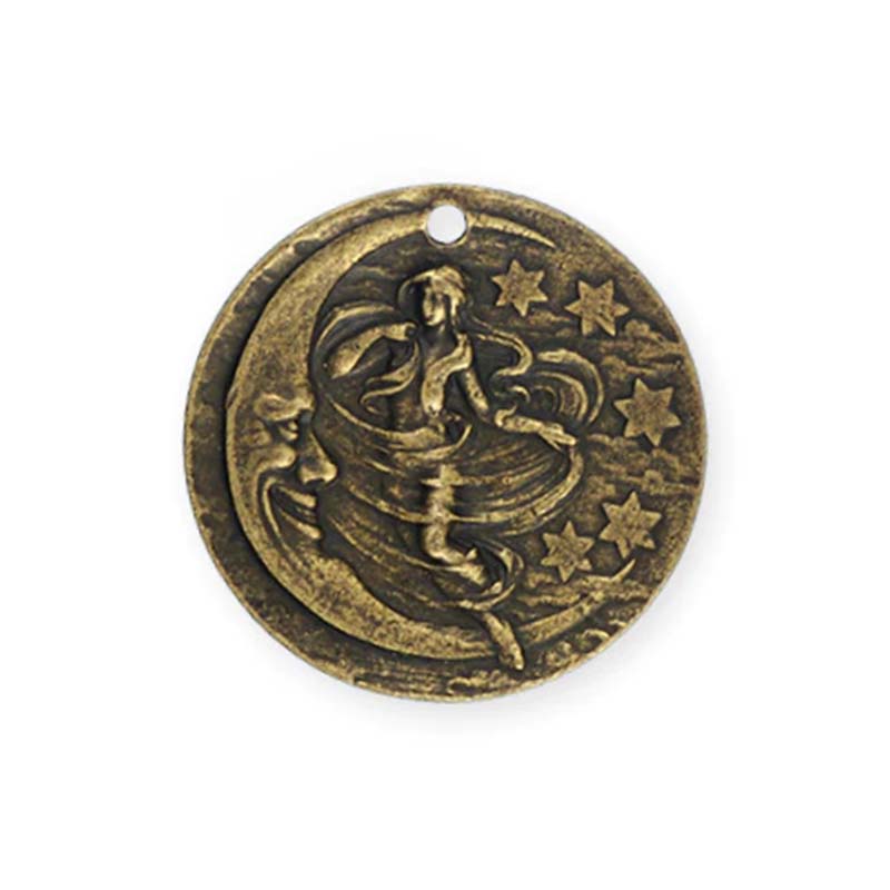 VP267-AB: VJ Pendant Woman in the Moon 29MM ANT BRASS PLT