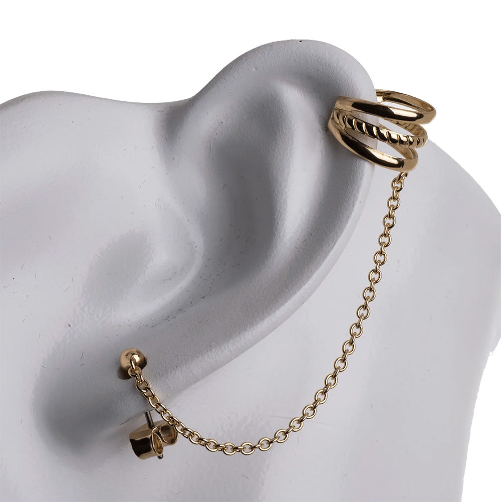 KE35-G: Earring Cuff TXTR&PLAIN CHAIN Post&Back GLD