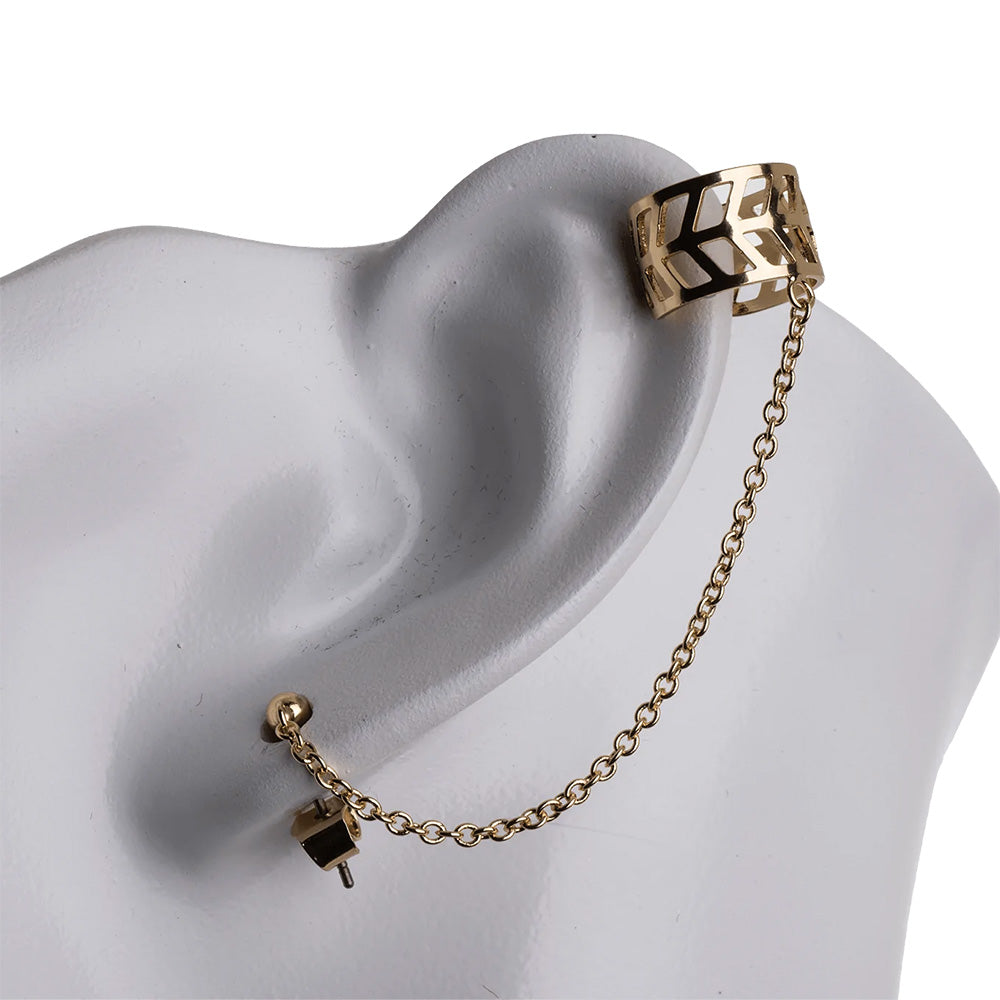 KE33-G: Earring Cuff W/CHAIN Post & Earnut GLD PLT 1PR