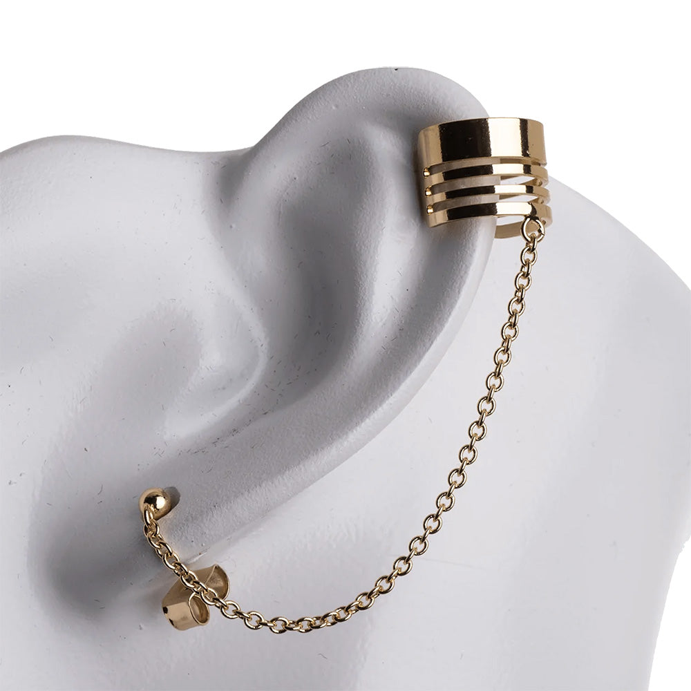 KE36-G: Earring Cuff 3 PLAIN BAR W/CHAIN & Post 1PR