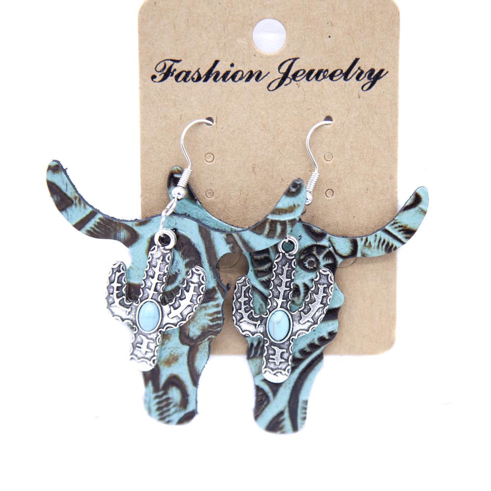 EAR4-11: Earring Leather Turquoise Skull with Cactus