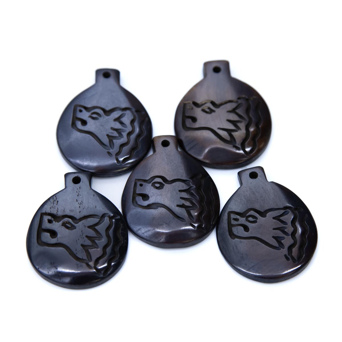 BN385-95: Bone Wolf Head Pendant Brown 44x35mm - 5 Pieces