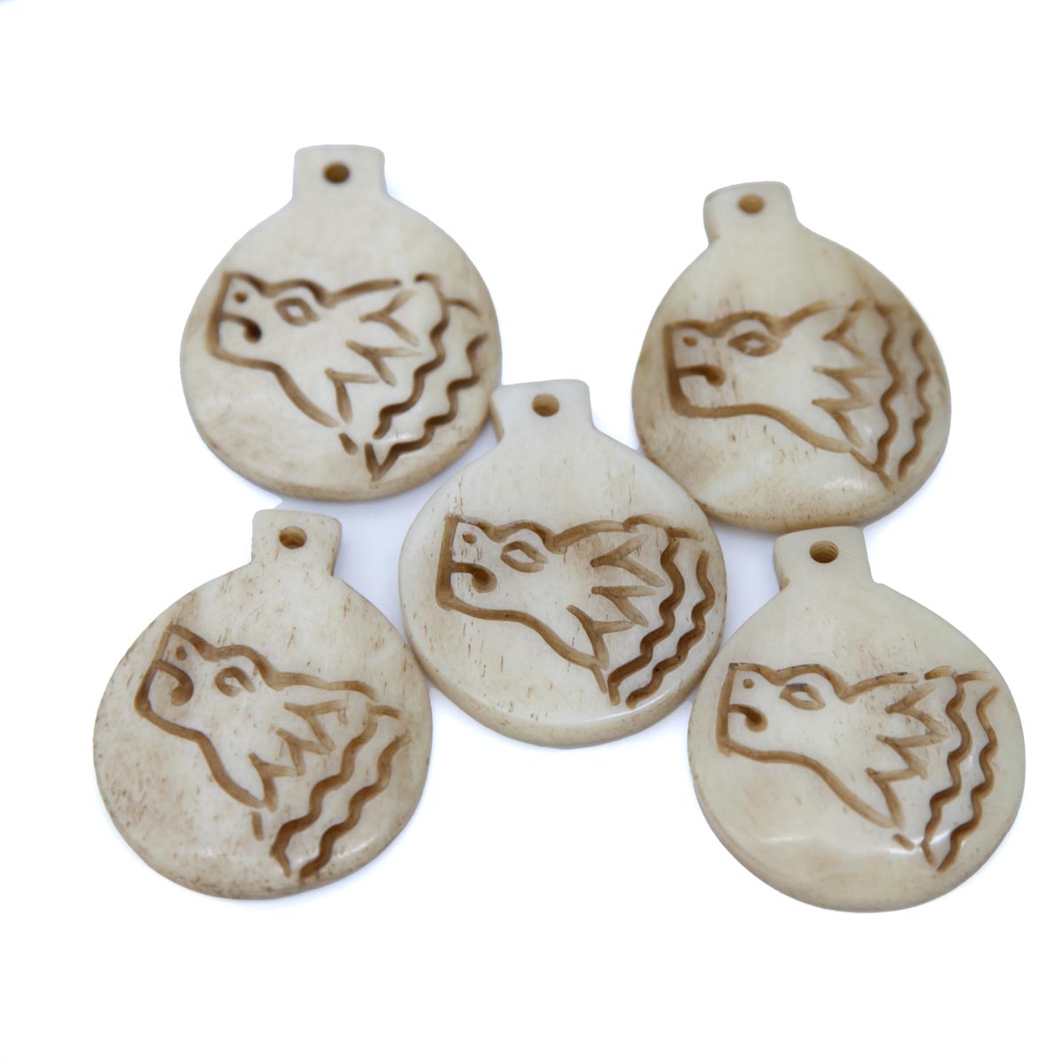 BN385-94: Bone Wolf Head Pendant Antique 44x35mm - 5 Pieces