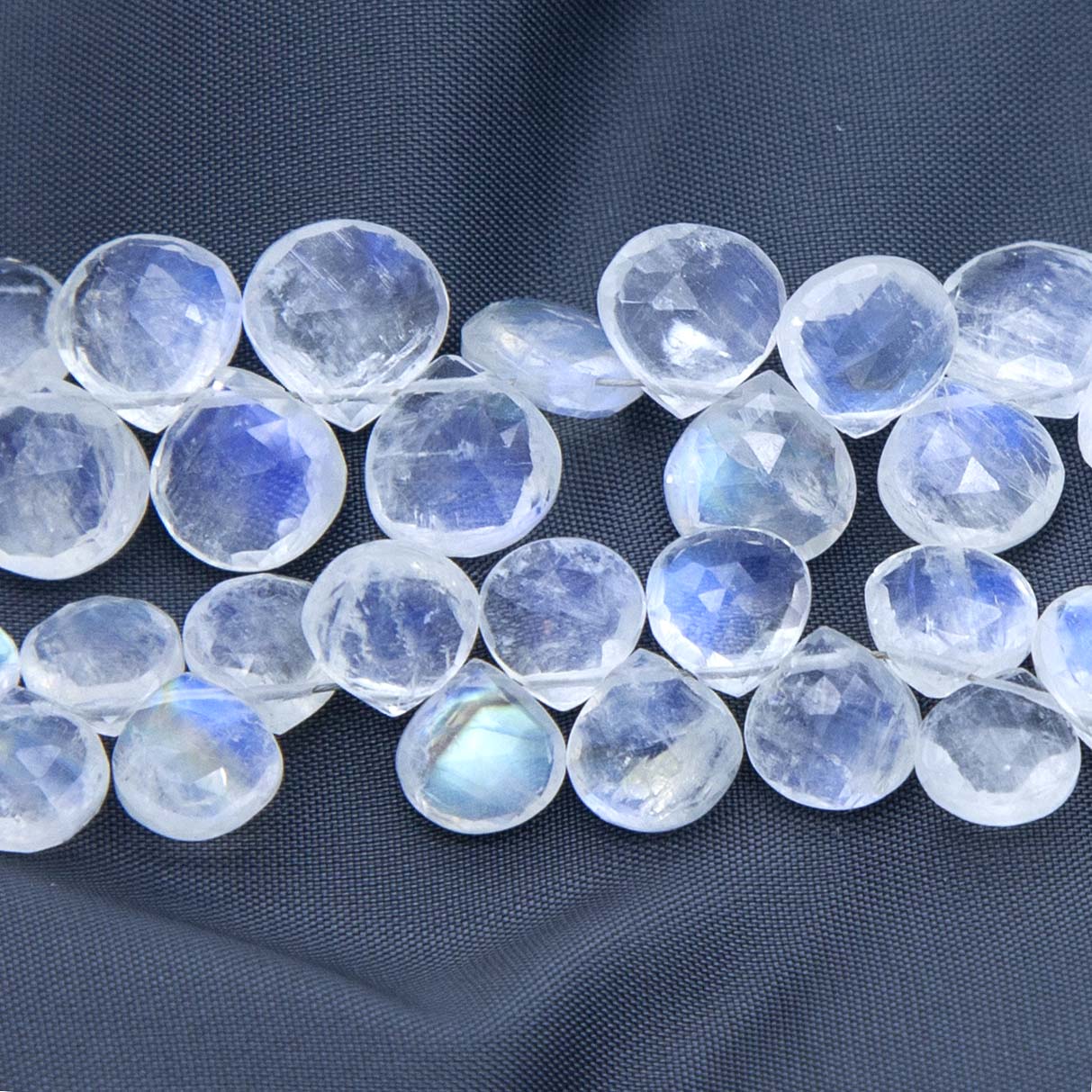 42ST185-RBW2: Rainbow Moonstone "AA" FC Briollette DP 6.5-9.5mm 84-100CT