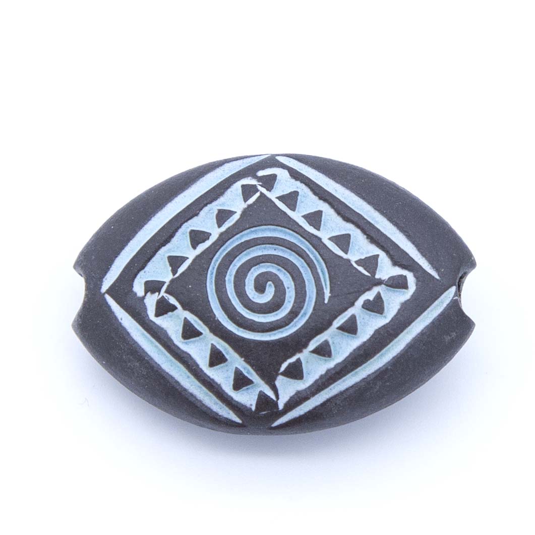 CI2210-HM: Stoneware Almond Turquoise on Dark Swirls& Triangles 19x23.5mm