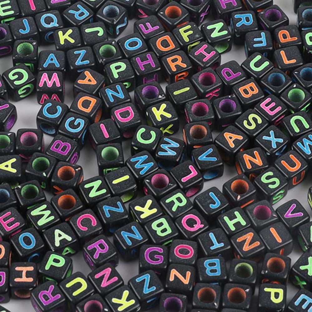 PL200-24: Acrylic Alphabet Black/Multi 6x6mm 4mm Hole 100PPK