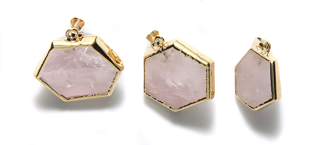 ST25-122G: Brazil Rose Quartz Hexagon Gold Plate 1 Each