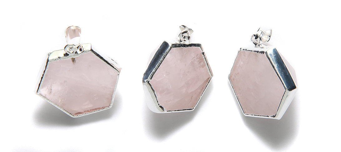 ST25-122S: Brazil Rose Quartz Hexagon Pendant Silver Plating 1 Each